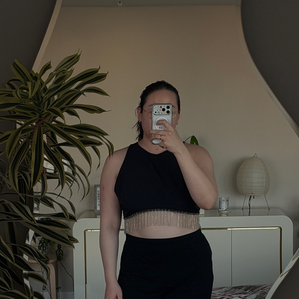 Black Rhinestone Fringe Crop Top